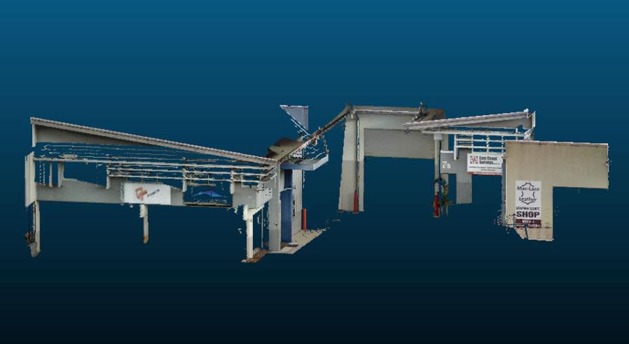 3D laser scan point cloud of East Coast Surveys’ office building in Capalaba, capturing detailed structure geometry to showcase our spatial modelling